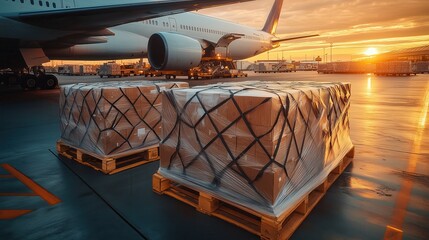 Cargo pallets wrapped for air freight loading. Pallets of cargo, wrapped in protective plastic and ready for air freight, sit on the tarmac near a large aircraft as the sun sets.