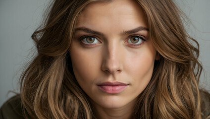 Fototapeta premium Intriguing Gaze: A captivating portrait of a woman with a determined yet alluring gaze, her long brown hair framing her face.