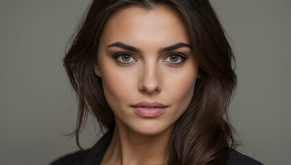 Fototapeta premium Captivating Gaze: Portrait of a Stunning Woman with Long Brown Hair 