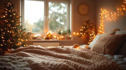 Fototapeta premium Festive Christmas Bedroom Decor with Cozy Atmosphere and Warm Tones