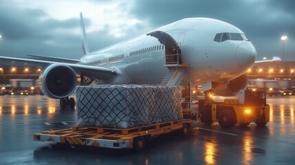 Cargo pallets wrapped in netting are being loaded into a large aircraft at night, emphasizing efficient air freight logistics and global supply chain operations.