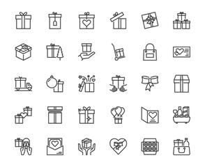 Simple outline icon set of merry christmas gift box and related things, greeting decoration and surprise celebration concept, 48x48 pixel perfect editable stroke for website, media, app, ux, ui design