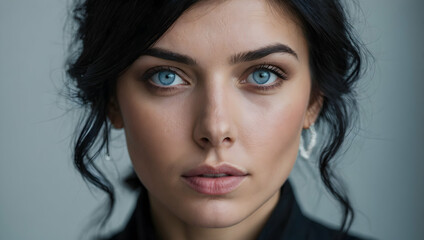 Fototapeta premium Captivating Gaze: A mesmerizing portrait of a woman with striking blue eyes, her gaze holding the viewer's attention. Her dark hair frames her face.