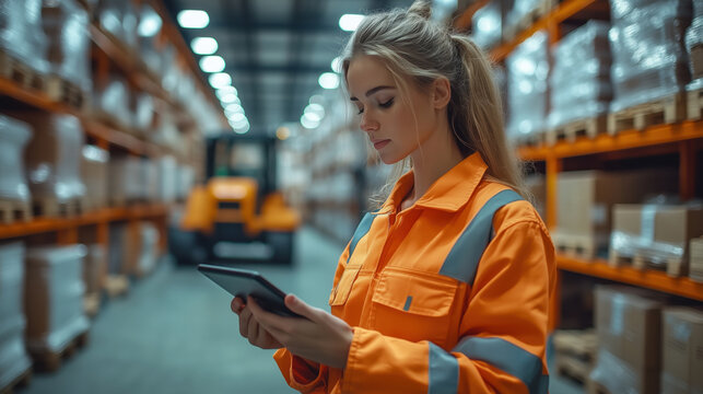 Warehouse worker using tablet for inventory management. Female warehouse worker uses a tablet to manage inventory, highlighting the integration of digital tools in modern logistics operations.