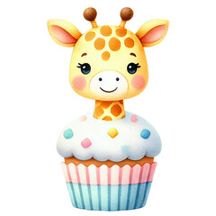 A cheerful cartoon giraffe sits atop a colorful cupcake, featuring sprinkles and a playful design against a black background.