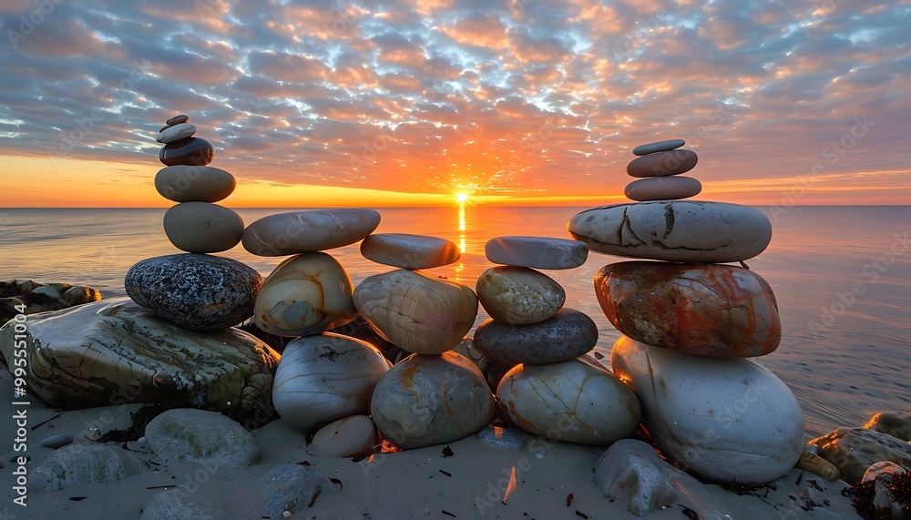 Wall mural stack of zen stones on the beach at beautiful sunset.