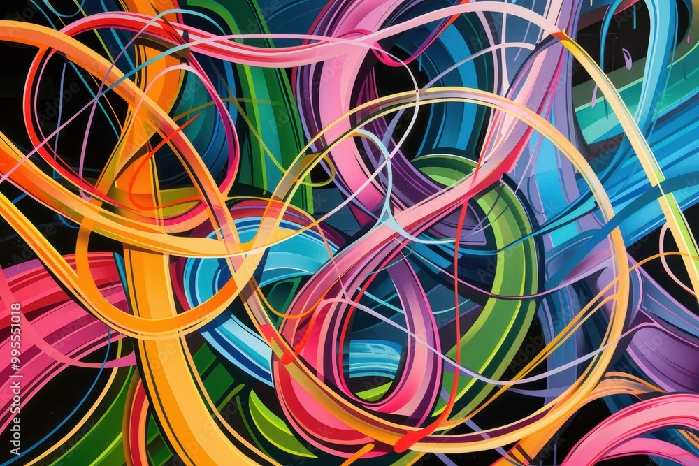 Aufkleber Colorful ribbons intertwining in vibrant patterns create an abstract display of light and texture against a dark background, showcasing artistic design and lively energy