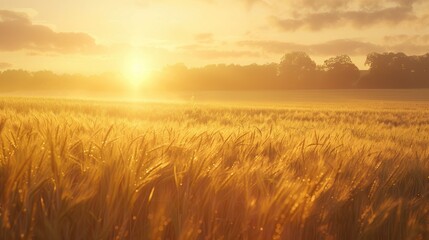 Obraz premium A golden sunrise over a tranquil countryside with a field of golden wheat swaying gently.