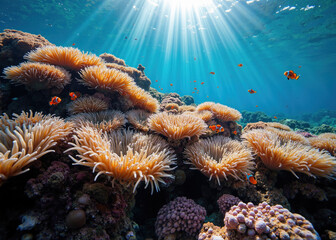 "Vibrant Coral Reef with Clownfish and Sea Anemone Underwater - Stunning Marine Life Scene in Sunlit Ocean Depths"