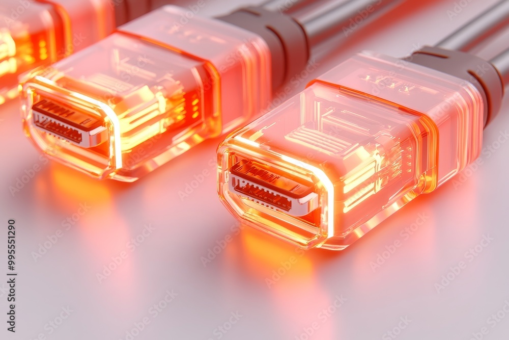 Poster close up of two glowing orange ethernet cables plugged into a network switch symbolizing fast and re