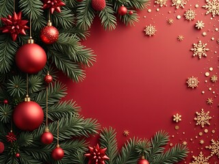 Christmas background with xmas tree branches, red paper flowers, balls and golden snowflakes on red canvas background. Merry Christmas card. Winter holiday theme. Happy New Year. Copy space