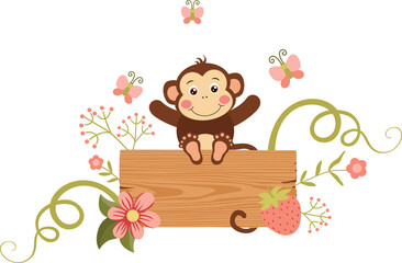 Cute monkey sitting on a spring wooden signboard