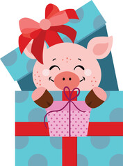Cute pig going out birthday gift holding a small gift