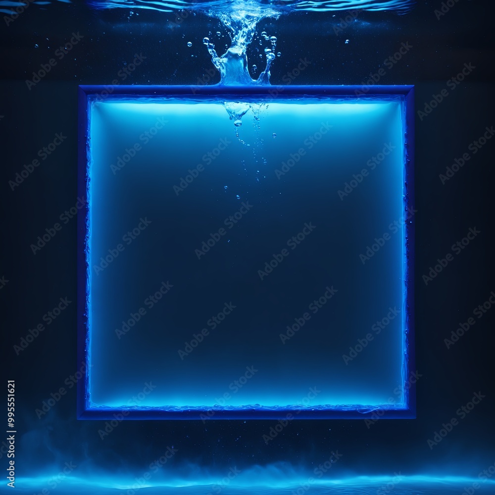 Poster glowing blue neon square frame submerged in water, with fluid waves splashing out, blending futurist