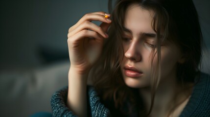 Fototapeta premium Person sitting alone, holding a small object, intently focused with a tense expression, symbolizing addictive habits and personal struggle, isolated figure in introspective moment.