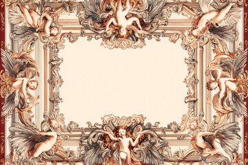 A detailed baroque frame design with cherubs and decorative elements forming an intricate border around a blank center