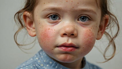 Child with Measles: Close up of a young girl's face, her eyes filled with a mixture of discomfort and concern.  Her skin is covered in the telltale red rash of measles.