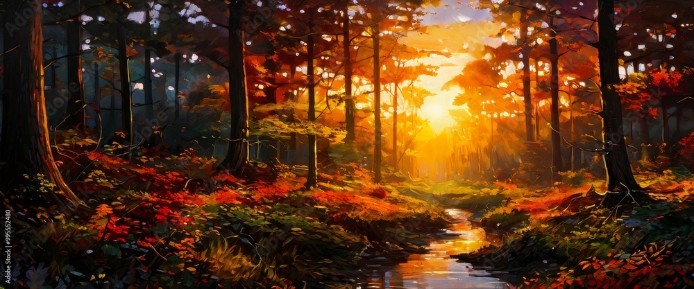 Poster a beautiful autumn forest scene with sunlight streaming through the trees, illuminating the vibrant 