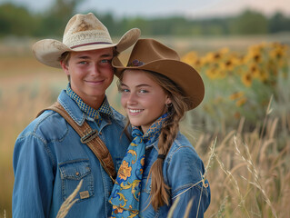 Two young people wearing cowboy hats and blue jeans stand in a field,