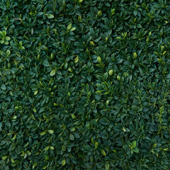A close-up of small green leaves forms a textured hedge wall background, offering a fresh and vibrant natural look.
