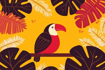 Tropical Toucan Bird on Branch with Lush Foliage