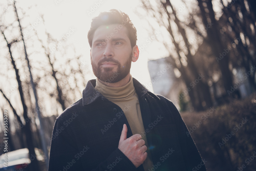 Poster Photo of dreamy attractive man wear stylish outfit walk outdoors alone city street autumn day