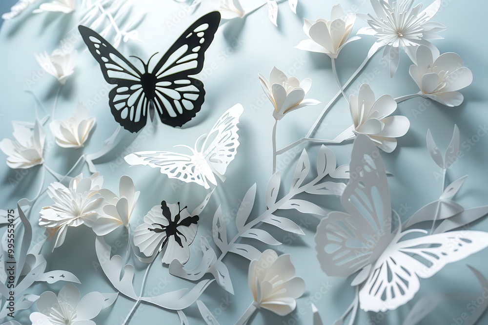 Poster delicate butterflies of various shades rest among soft foliage, creating a serene atmosphere in a tr