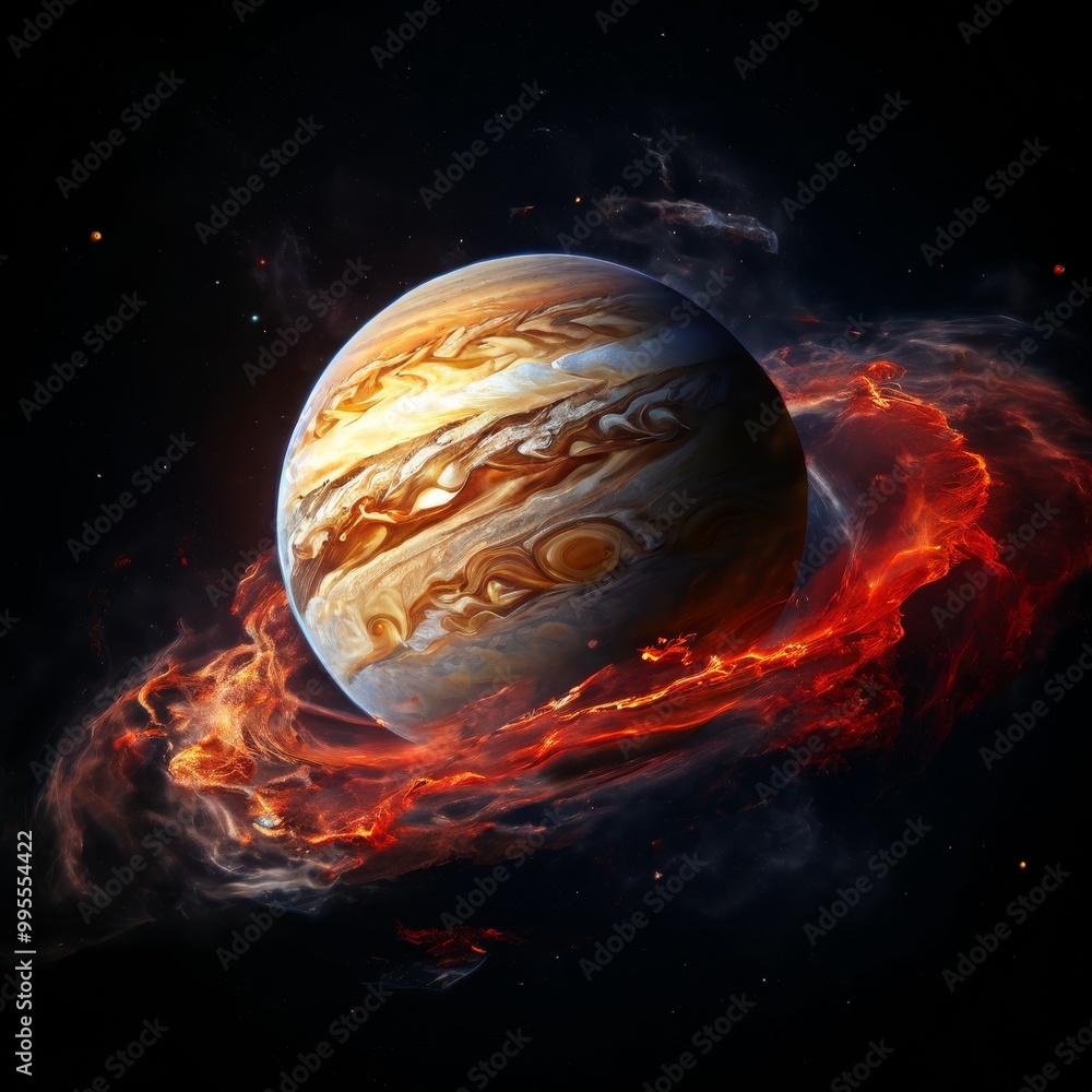 Poster a vivid scene of a massive gas planet with swirling clouds of fiery colors. the bright reds and oran