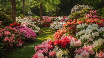 A lush, verdant garden filled with blooming azaleas, their vibrant, clustered flowers in shades of pink, white, and red, creating a captivating and visually striking scene
