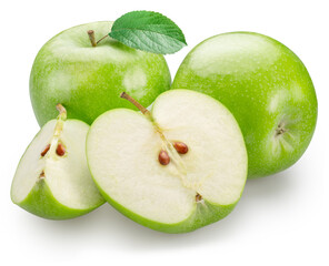 Green apple and green apple slices isolated on white background. File contains clipping path.
