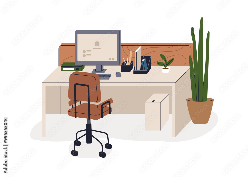 Aufkleber office desk with desktop computer and vacant empty chair. free unoccupied workplace, workspace. busi