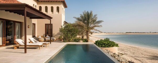 Obraz premium Four Seasons Villa Beach Resort in Bahrain, offering a luxurious escape for all four seasons, set against a tropical beach backdrop