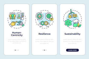 Pillars of industry 5.0 onboarding mobile app screen. Walkthrough 3 steps editable graphic instructions with linear concepts. UI, UX, GUI template. Montserrat SemiBold, Regular fonts used