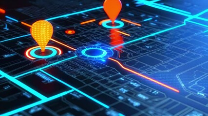 A futuristic map with glowing red and blue lines, pinpoints, and circles.