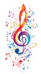 Colorful musical notes and treble clefs on a white background, vector illustration with space for text or message