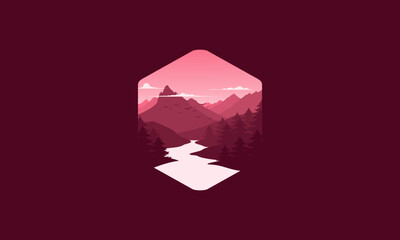 Landscape badge flat vector design illustration of mountains, calm river and silhouettes of pine trees, soft red gradations layered