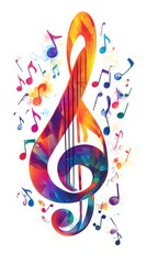 Colorful musical notes and treble clefs on a white background, vector illustration with space for text or message