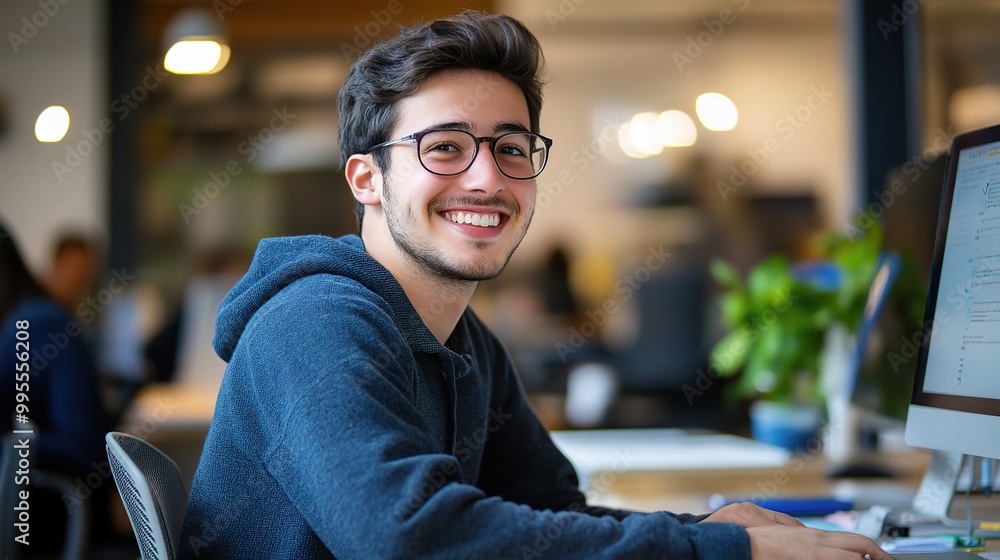 Poster Young Man Smiling at Desk in Modern Office Setting