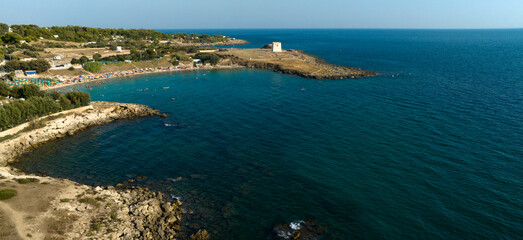 Aerial view of the gulf of Lido Gandoli in the municipality of Leporano, near Taranto, in Puglia, Italy. 