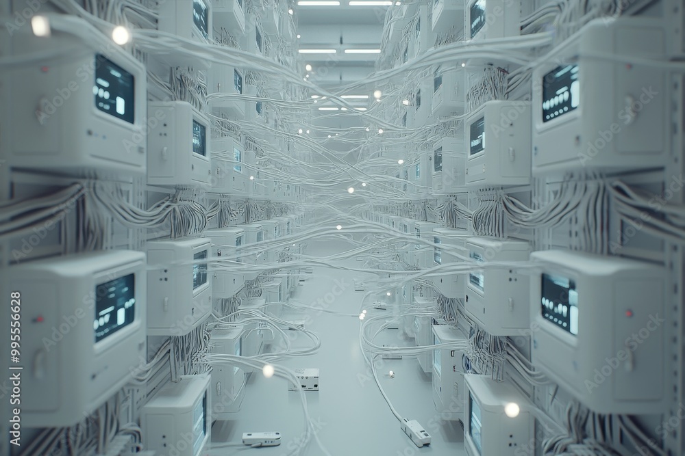 Poster abstract futuristic white data center with symmetric walls and machines representing modern digital 