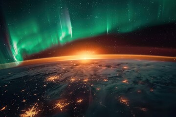 Vibrant northern lights illuminate the night sky over Earth, showcasing the beauty of natural phenomena from a unique perspective