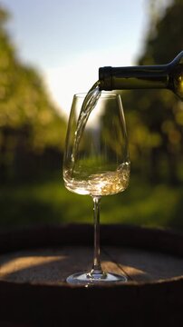 Pouring white wine into a glass standing in an old wooden barrel in the vineyard