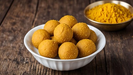 Besan laddu white bowl on wooden table