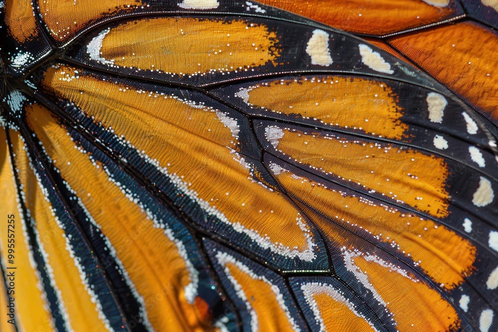 Poster close-up view of a monarch butterfly wing showcasing vibrant orange and black patterns against a blu