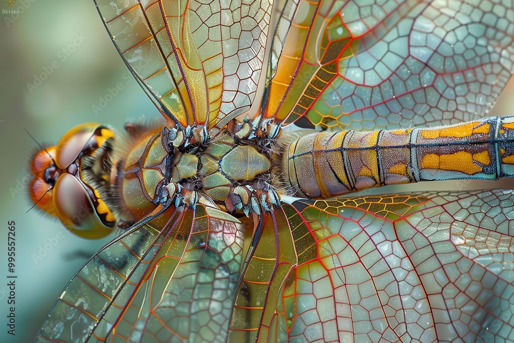 Poster a close-up view of a dragonfly resting on a leaf in a lush green environment during a bright sunny d