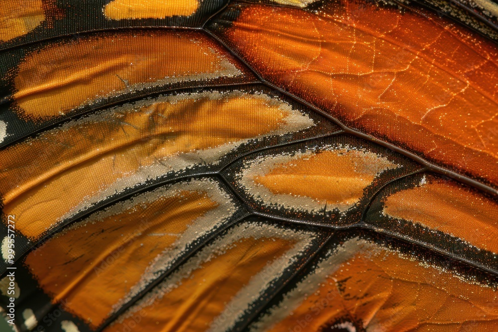 Poster close-up view of a monarch butterfly wing showcasing vibrant orange and black patterns against a blu