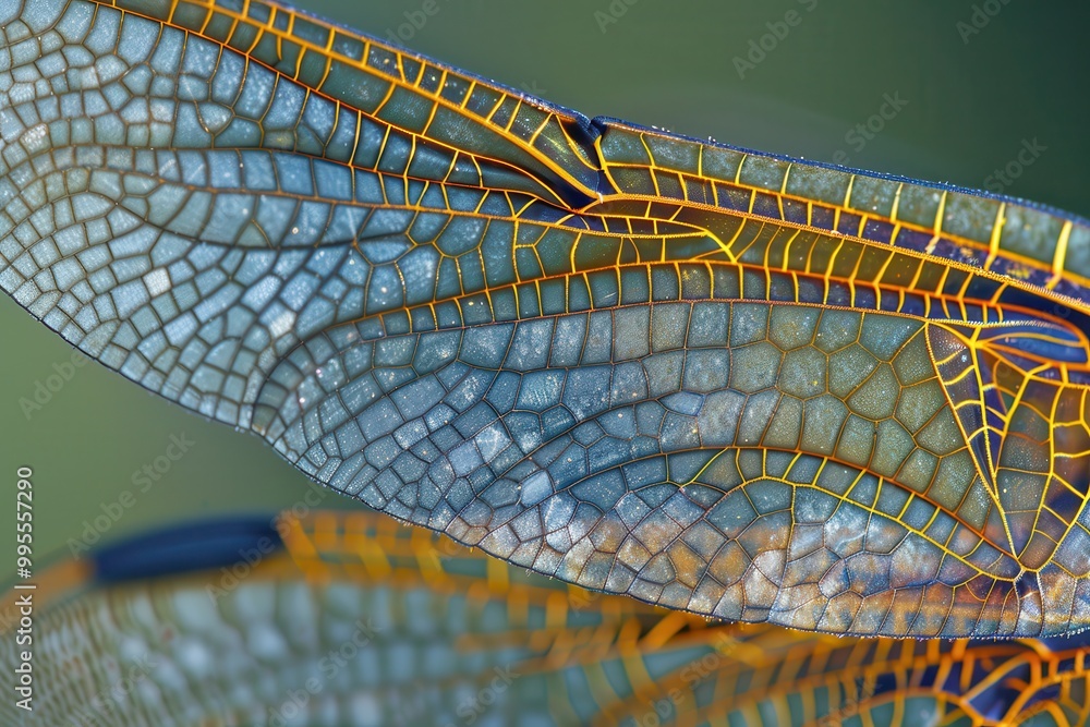 Poster A close-up view of a dragonfly resting on a leaf in a lush green environment during a bright sunny day, showcasing its intricate wing patterns and vibrant colors