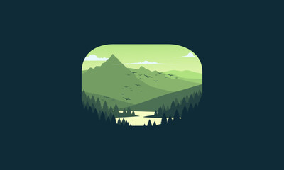 Landscape badge flat vector design illustration of mountains, calm river and silhouettes of pine trees, soft green gradations layered