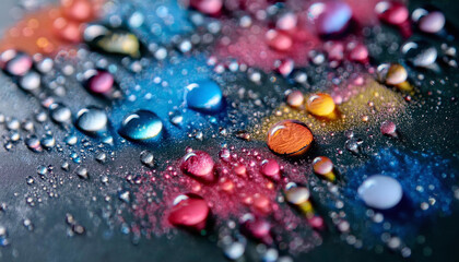 Close-up of colorful chalk dust and water droplets on a blackboard, artistic macro shot, stock photo