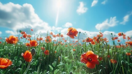A meadow filled with colorful poppies under a sunny sky.
